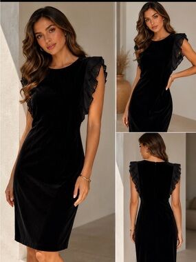 Harper Rose Black Velvet Ruffle Sleeve Sheath Cocktail Dress Size 8 Elegant
